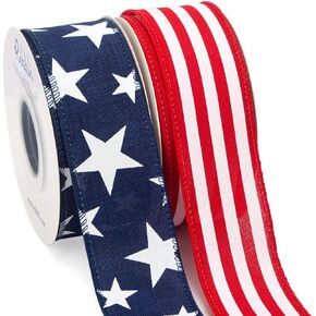 Ribbli Patriotic Ribbon Wired,2 Rolls Navy Star and Red Stripe Burlap Ribbon,2-1/2 Inch Total 60 Feets(20 Yards),Patriotic Ribbon for Crafts,Wreath,4th of July Ribbon