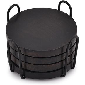 Acacia Wood Black Coaster Set of 4 with Iron Holder Coffee Table Décor Tabletop Protection Décor (Coaster Size - 4" x 4" x 0.5", Holder Sze - 4.5" x 4.5" x 2.75")