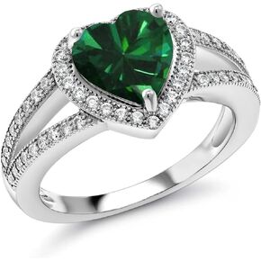 Gem Stone King 925 Sterling Silver Green Nano Emerald and White Moissanite Ring For Women | 1.51 Cttw | Gemstone May Birthstone | Heart Shape 8MM | Available In Size 5,6,7,8,9