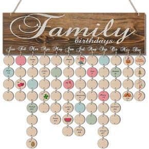 Flexzion Family Birthday Plaque with Tags DIY Wooden Birthday Calendar Wall Hanging Family Plaque Reminder 50 Tags (Round) Birthday Board Chips