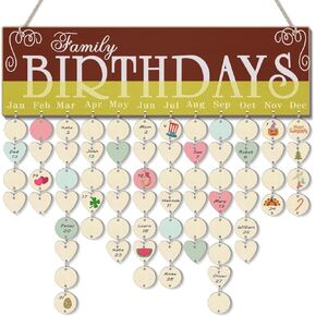 Flexzion Family Birthday Plaque with Tags DIY Wooden Birthday Calendar Wall Hanging Family Plaque Reminder 50 Tags (Round) Birthday Board Chips