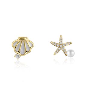 14K Gold Plated Starfish Shell Stud Earrings Asymmetric Earrings for Women Trendy Hypoallergenic Beach Earrings Pearl Earrings for Sensitive Ears