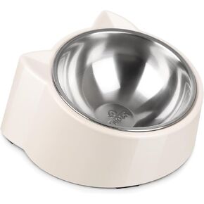 Super Design Elevated Cat Bowls, 15° Tilted Protect The Neck of The Cats and Eat Easily，Bottom Anti Slip Stainless Steel Detachable for Easy Cleaning-White Cute Cat Ears Bowl in Kuwait