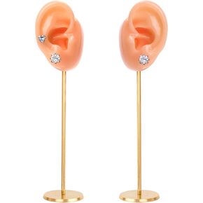 Earring Display Stand, Ear Shaped Base Silicone Body Mannequin Model Organizer, Copper Piercing Stud Holder, Navel Shows Rack for Jewelry Girl Women Birthday Wedding Decor (Left&Right, Flesh)