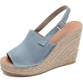 U-lite Women's Ladies Fashion Casual Peep Toe Espadrille Wedges Sandals Ankle Buckle High Platform Roman Shoes White canvas