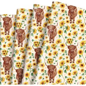 Whaline 6 Sheet Watercolor Sunflowers Highland Cow Wrapping Paper Rustic Cow Floral Gift Wrap Paper Bulk Folded Flat Cute DIY Craft Paper for Birthday Wedding Baby Shower, 19.7 x 27.6 In