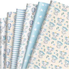 JarThenaAMCS 12 Sheet Baby Shower Wrapping Paper -Not Roll- Cute Blue Elephant Star Hot Air Balloon Gift Wrap Paper Folded Flat Watercolor Art Paper for DIY Crafts Gift Wrapping