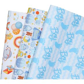 PUIKSXER Baby Shower Wrapping Paper for Baby Boy 12 Sheets Blue Gift Wrapping Paper Cute Bears Baby Feet Step Design for New Baby Birth-19.6"×27.5"