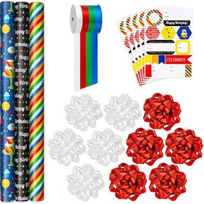 Hallmark Birthday Wrapping Paper Set (3 Rolls: 90 Sq. Ft. Ttl, 10 Bows, Ribbon, Gift Tag Stickers) Rainbow Stripes, Cake, Happy Birthday for Kids and Adults