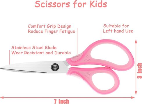 7" Left handed Student Scissors, Premium Stainless Steel Blades Shears for Age 8~12,Ergonomic Semi-Soft ABS Rubber Grip, Suitable for School, Office and Family Daily Use,Pink&Blue in Saudi Arabia