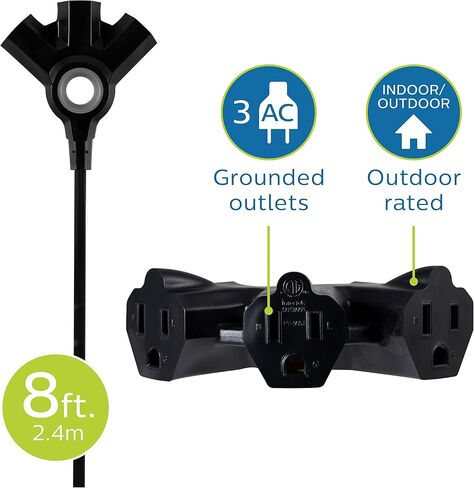 Philips EZGrip Outdoor Extension Cord with Multiple Outlets, Grounded 3 Prong Extension Cord, Short Extension Cord with Multiple Outlets, Heavy Duty Extension Cord, 8 Ft, 16 AWG, Black, SPC3083EZ/37 in Saudi Arabia