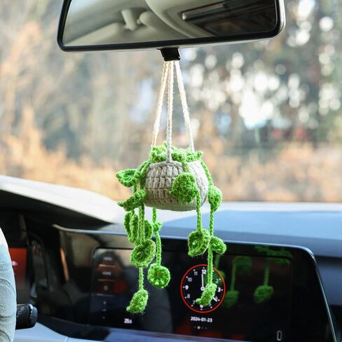 Car Mirror Hanging Accessories Cute Potted Plants Crochet Cute Car Accessories for Women Men Handmade Knitted Rear View Mirror Accessories Car Accessories Interior Aesthetic in Saudi Arabia