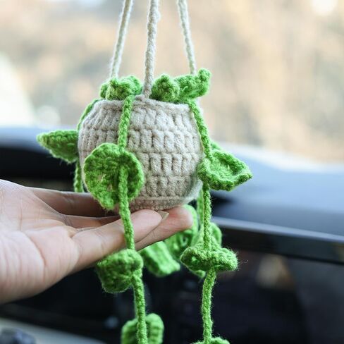 Car Mirror Hanging Accessories Cute Potted Plants Crochet Cute Car Accessories for Women Men Handmade Knitted Rear View Mirror Accessories Car Accessories Interior Aesthetic in Saudi Arabia