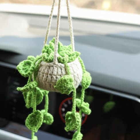 Car Mirror Hanging Accessories Cute Potted Plants Crochet Cute Car Accessories for Women Men Handmade Knitted Rear View Mirror Accessories Car Accessories Interior Aesthetic in Saudi Arabia