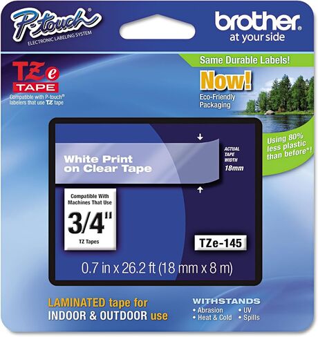 Brother TZE145 TZe Standard Adhesive Laminated Labeling Tape, 3/4-Inch w, White on Clear in Saudi Arabia