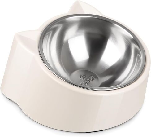 Super Design Elevated Cat Bowls, 15° Tilted Protect The Neck of The Cats and Eat Easily，Bottom Anti Slip Stainless Steel Detachable for Easy Cleaning-White Cute Cat Ears Bowl in Kuwait