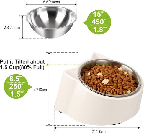 Super Design Elevated Cat Bowls, 15° Tilted Protect The Neck of The Cats and Eat Easily，Bottom Anti Slip Stainless Steel Detachable for Easy Cleaning-White Cute Cat Ears Bowl in Kuwait