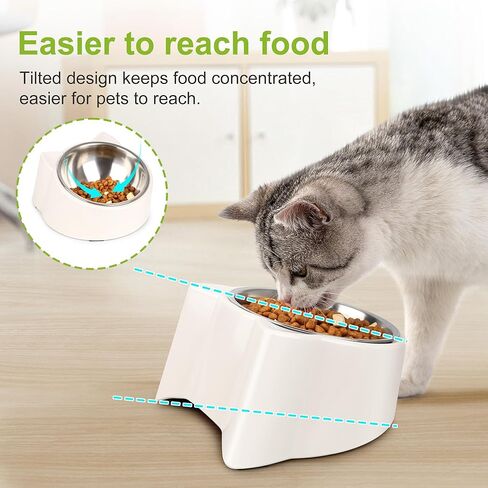 Super Design Elevated Cat Bowls, 15° Tilted Protect The Neck of The Cats and Eat Easily，Bottom Anti Slip Stainless Steel Detachable for Easy Cleaning-White Cute Cat Ears Bowl in Kuwait