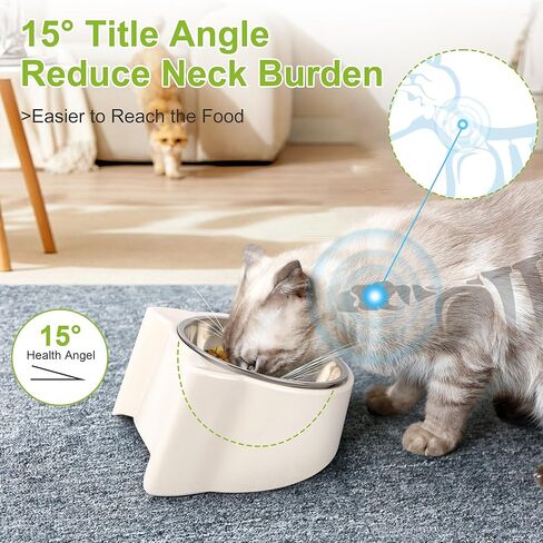 Super Design Elevated Cat Bowls, 15° Tilted Protect The Neck of The Cats and Eat Easily，Bottom Anti Slip Stainless Steel Detachable for Easy Cleaning-White Cute Cat Ears Bowl in Kuwait