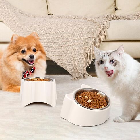 Super Design Elevated Cat Bowls, 15° Tilted Protect The Neck of The Cats and Eat Easily，Bottom Anti Slip Stainless Steel Detachable for Easy Cleaning-White Cute Cat Ears Bowl in Kuwait