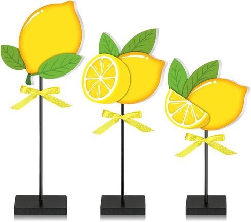 3 قطع منضدية خشبية ليمونية صيفية لديكور المنزل، علامة طاولة خشبية ليمونية، قطعة مركزية خشبية ريفية، قطعة مركزية ليمونادة طازجة طويلة القامة، ديكورات للمطبخ الريفي في المزرعة in Kuwait