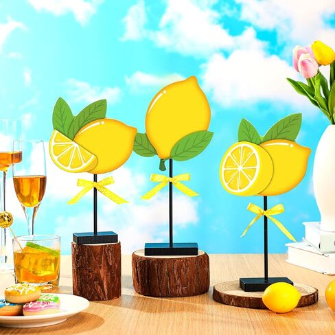 3 قطع منضدية خشبية ليمونية صيفية لديكور المنزل، علامة طاولة خشبية ليمونية، قطعة مركزية خشبية ريفية، قطعة مركزية ليمونادة طازجة طويلة القامة، ديكورات للمطبخ الريفي في المزرعة in Kuwait