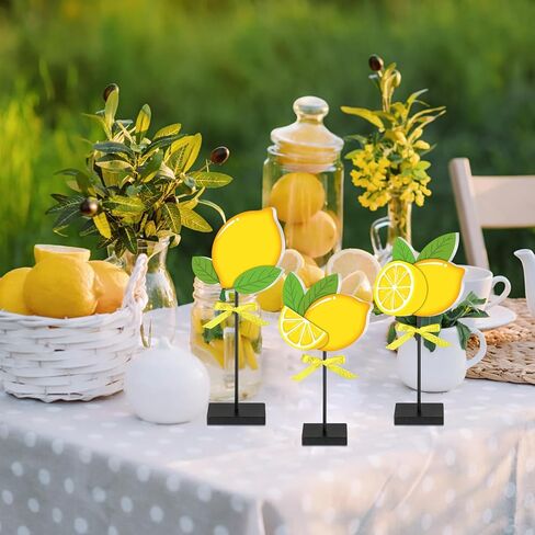 3 قطع منضدية خشبية ليمونية صيفية لديكور المنزل، علامة طاولة خشبية ليمونية، قطعة مركزية خشبية ريفية، قطعة مركزية ليمونادة طازجة طويلة القامة، ديكورات للمطبخ الريفي في المزرعة in Kuwait