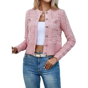 SweatyRocks Women's Casual Round Neck Long Sleeve Cardigan Graphic Print Button Down Knit Sweater Crop Top