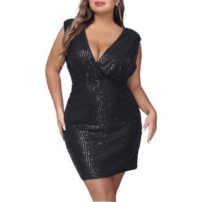 فستان نسائي مقاس كبير Bodycon بدون أكمام ورقبة على شكل V فستان حفلات قصير مثير مزين بالترتر اللامع فستان كوكتيل in Kuwait