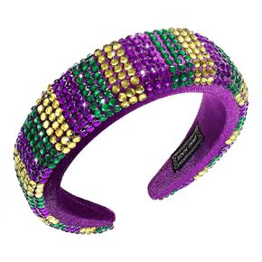 HSWE Mardi Gras Rhinestone Padded Headband Crystal Purple Green Yellow Velvet Wide Bejeweled Hairband Carnival Party Hairhoop