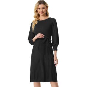 Allegra K Women's Knit Belted Dress Casual Pleated Sweater Dresses