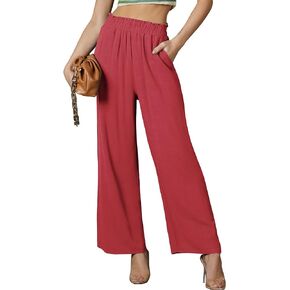 DOUBLJU Casual Elastic Banding Waist Long Pants with Pockets Comfy Wide Leg Linen Daily Lounge Pant for Womens with Plus Size