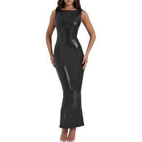 Zebaexf Women's Faux PU Leather Bodycon Maxi Dress - Sexy Boatneck Tank Style - Long Evening Bodycon