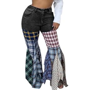 Tcremisa Flare Jeans for Women Stretch High Waisted Plaid Bell Bottoms Patchwork Denim Pants