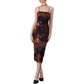 Milumia Women's Mesh Spaghetti Strap Bodycon Cami Dress Printed Lettuce Trim Long Midi Dresses