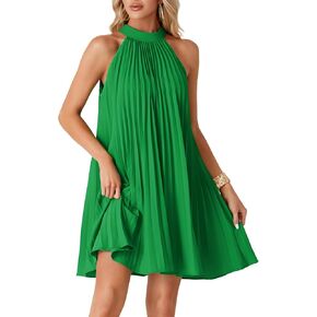 LYANER Women's Halter Pleated Tie Knot Back Sleeveless Flowy Beach Mini Dress