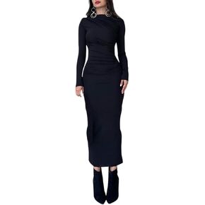 magorange Women Long Sleeve Bodycon Maxi Dress Ruched Round Neck Long Tight Party Dress Club Outfits