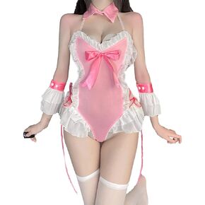SNOMYRS Sexy Bunny Costume Cosplay Maid Japanese Anime Kawaii Pink Naughty Babydoll Bodysuit