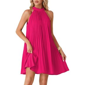 LYANER Women's Halter Pleated Tie Knot Back Sleeveless Flowy Beach Mini Dress