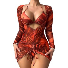 WDIRARA Women's 3 Piece Swimsuits Tropical Print Triangle Halter Bikini Set Bathing Suit with Drawstring Cover Up