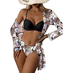 CUTEMOOT Women's 3 Piece Swimsuits Tropical Push Up Bikini Sets Beach Long Sleeve Bathing Suits with Kimono Cover Up