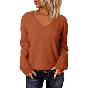 EVALESS Long Sleeve Sweaters for Women Fashion V Neck Waffle Knit Sweater Tops Fall 2023 Outfits Loose Jumper Pullover