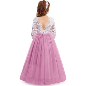 Flower Girls Lace Back Dress for Kids Wedding Bridesmaid Party Formal Gown Princess Pageant Birthday Long Tulle Dresses