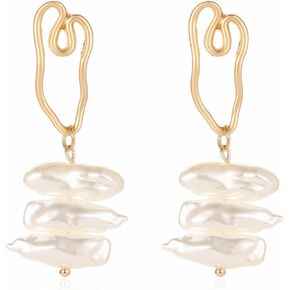 Geometric Pearl Earrings for Women Girls Gold Plated Vintage Hollow Love Heart Shape Irregular Imitate Shell Pearl Dangle Drop Earrings for Birthday Wedding Bride Valentine Anniversary Prom Party Jewelry Gifts