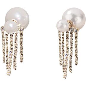 CZ Fringe Pearl Double Sided Dangle Earrings for Women Girls Boho Imitation Pearls Balls 7.5mm 15mm Tassel Chain Drop Dangling Stud Vintage Christmas Wedding Valentine Jewelry Gifts, Metal, Cubic