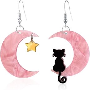 Black Cat on the Moon Star Earrings for Women Girls Creative Asymmetric Cartoon Acrylic Resin Crescent Moon Black Lovely Animals Pet Lightweight Dangle Drop Earrings for Halloween Party Jewelry Gifts