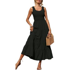 YETANLID Women's Summer Smocked Maxi Dresses Sleeveless U Neck Ruffle Hem Tiered A Line Flowy Dress