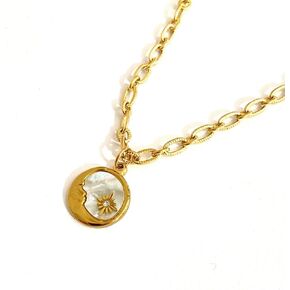 Bolochy 18K Gold Plated Round Pendant With Sun Moon Pendant Necklace Round Pendant Shells Necklace Choker Vintage Necklaces for Women Jewelry Gift