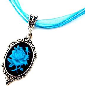 Aqua Blue Rose Cameo Choker silvertone, blue & black gothic pendant on Organza Mesh Choker 16-18"