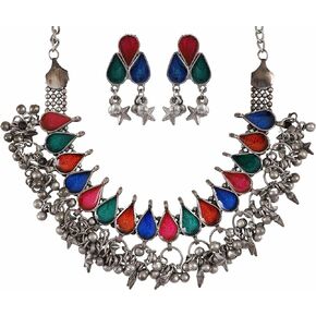 Bollywood Traditional Indian Bohemian Style Afghani Oxidised Silver Statement Choker Necklace for Women